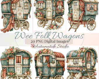 Zestaw 20 małych wagonów ludowych w formacie PNG ~ Vintage Floral Folk Gypsy Wagon Vardo Clipart Images Junk Journaling Ephemera Scrapbooking Clipart