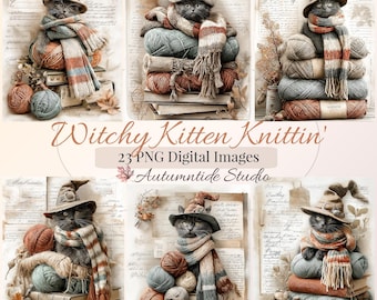 Conjunto de 23 imágenes PNG de gatitos brujos tejiendo ~ Imágenes de pilas de hilo de gato negro mágico para fondo de páginas de diarios creativos