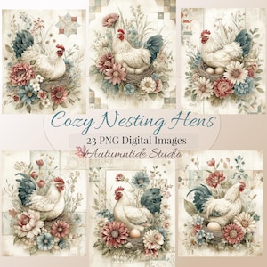 Puede incluir: Una colección de 23 imágenes digitales titulada Cozy Nesting Hens de Autumntide Studio, que muestra gallinas blancas con plumas de cola oscuras en nidos rodeadas de flores rojas, azules y blancas sobre un fondo claro con patrones.