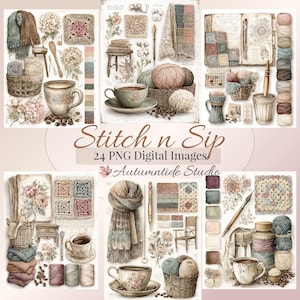 Stitch n Sip 24 PNG Set ~ Knitting Crochet Yarn Coffee Cottage Colors Images Background Junk Journaling Pages Scrapbooking Papers
