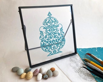 Framed Handmade Papercut Vase, Paper Cutting, Traditional Motif, Marbled Paper, Unique Gift, Traditional Art, Dark Grey Steel Floating Frame