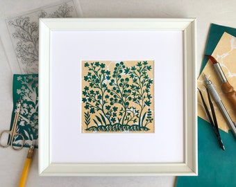 Framed Papercut Botanical Art, Hand Cut Spring Artwork, Green Motifs on Yellow&White Marbled Paper, Unique Gift, Traditional Art, Handmade