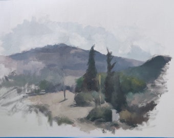 Tznirim View Oil on Canvas Landscape Painting: Israeli Jewish Art Wall Decor