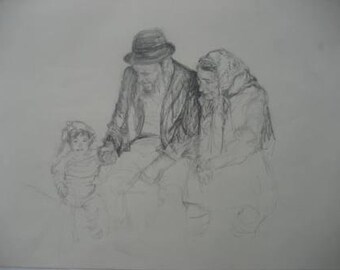 Pencil Family Portrait: Original Israeli Jewish Art Gift 27x20.5 cm