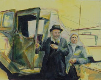 Judaica Jewish Aliya Oil Painting: Zionist Grandparents Canvas Print Wall Art Decor