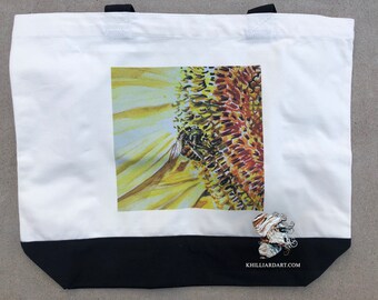 Large Canvas Bag / Original Art / Print on Canvas/ Teachers / Grocery Bag / Bee / Sunflower/Spring/Gift Ideas