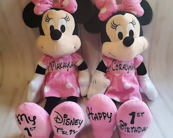 Peluche Minnie personnalisée, premier voyage Disney, joyeux anniversaire Minnie, fête Minnie, cadeaux pour filles, cadeaux Disney, anniversaire de Minnie, cadeaux Minnie
