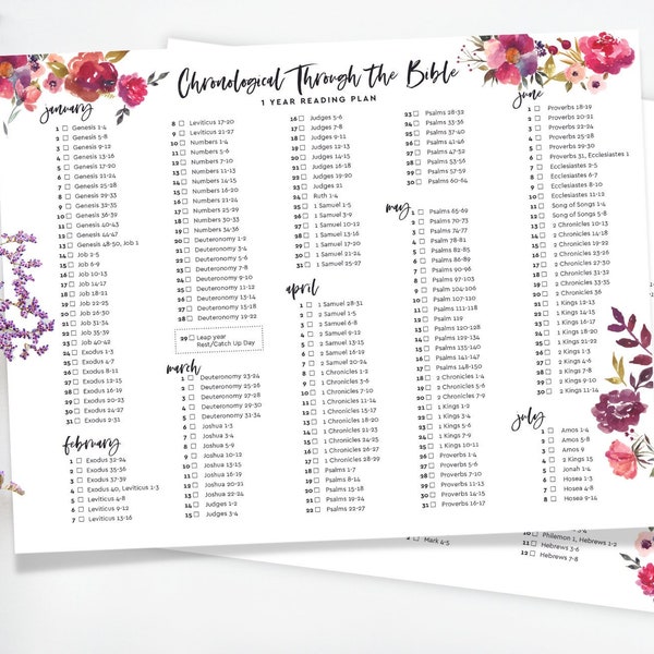 Watercolor Bible Chronological One-Year Reading Plan, 8.5x11 Printable, Instant Download