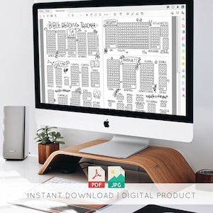 May include: A black and white printable Bible reading tracker with a grid of circles for each book of the Bible. The tracker includes sections for the Law, History, Wisdom, and Prophets. The text "BIBLE READING TRACKER" is at the top of the page.