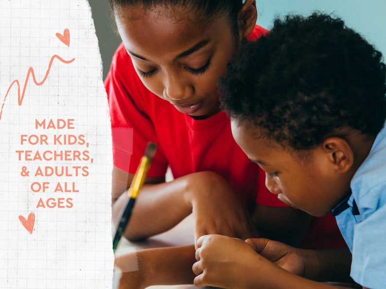 May include: Two children, one in a red shirt and the other in a blue shirt, are focused on a creative activity. A paintbrush is visible. Text on the left reads "MADE FOR KIDS, TEACHERS, & ADULTS OF ALL AGES."