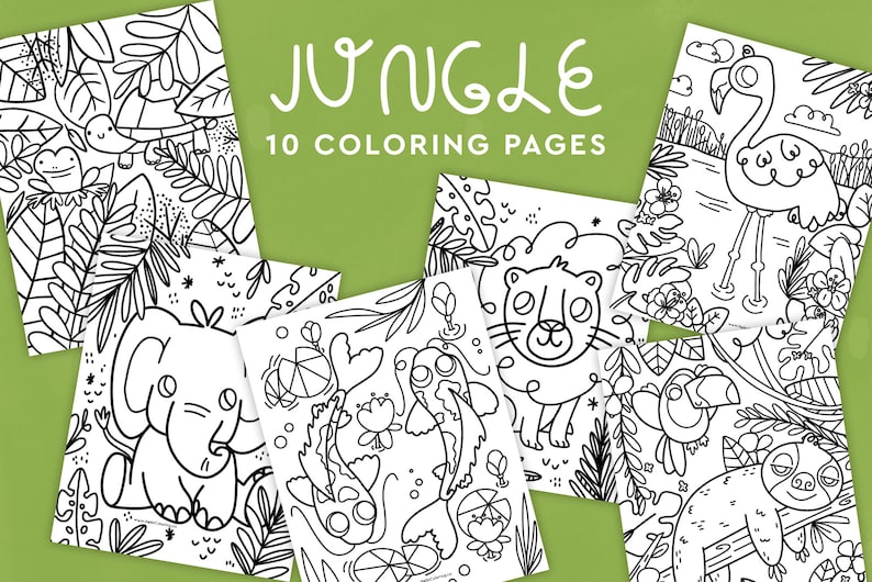 May include: A collection of ten coloring pages featuring jungle animals and foliage. The illustrations are in black and white, with images of a turtle, frog, elephant, lion, toucan, and flamingo. The word "JUNGLE" and "10 COLORING PAGES" are written in white.