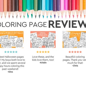 May include: Image featuring coloring page reviews with the text "COLORING PAGE REVIEWS." Three coloring page bundles are displayed: Halloween, Spring Gardening, and Summer. Each bundle has customer reviews and star ratings. A row of colored pencils is at the top.