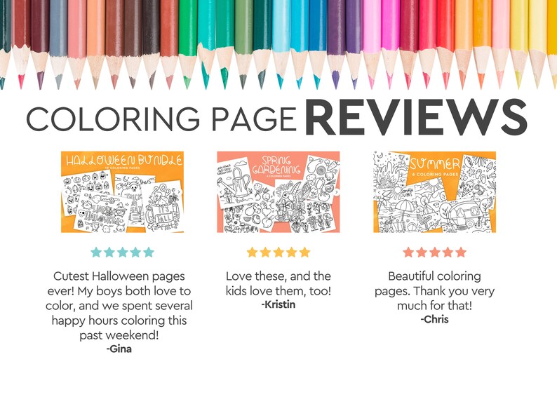 May include: Image featuring coloring page reviews with the text "COLORING PAGE REVIEWS." Three coloring page bundles are displayed: Halloween, Spring Gardening, and Summer. Each bundle has customer reviews and star ratings. A row of colored pencils is at the top.