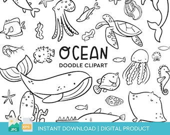 Pakiet clipartów Ocean Doodle, do natychmiastowego pobrania
