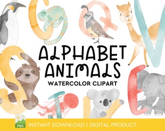 Alphabet Watercolor Animal Clipart Pack, Instant Download