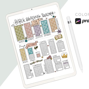 May include: A digital Bible reading tracker with a colorful design. The tracker includes sections for each book of the Bible, with circles to color in as you read. The text on the tracker reads "Bible Reading Tracker" and "The Law".