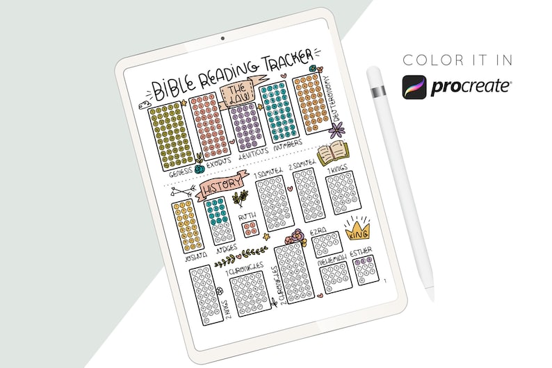 May include: A digital Bible reading tracker with a colorful design. The tracker includes sections for each book of the Bible, with circles to color in as you read. The text on the tracker reads "Bible Reading Tracker" and "The Law".
