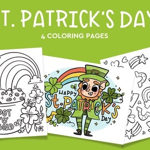 Puede incluir: Cuatro p&aacute;ginas para colorear del D&iacute;a de San Patricio con ilustraciones de una olla de oro, un arco&iacute;ris, un duende, tr&eacute;boles y otros s&iacute;mbolos festivos. Se muestra el texto "ST. PATRICK'S DAY" y "4 COLORING PAGES".
