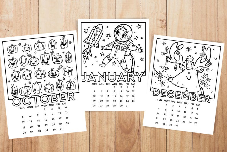 May include: Three black and white printable calendar pages featuring illustrations of a pumpkin, an astronaut, and a reindeer. The calendar pages are for October, January, and December.