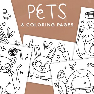 Peut inclure: Huit pages &agrave; colorier avec des dessins au trait d'animaux de compagnie, dont un oiseau, un chat, un chien, un lapin et une tortue. Le mot "PETS" est &eacute;crit en grandes lettres ludiques au-dessus des images. La phrase "8 COLORING PAGES" est &eacute;galement incluse.