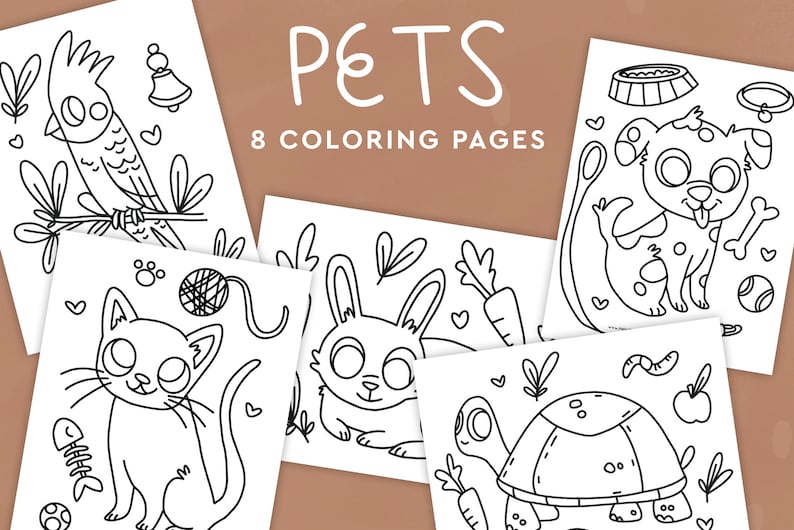 Peut inclure: Huit pages &agrave; colorier avec des dessins au trait d'animaux de compagnie, dont un oiseau, un chat, un chien, un lapin et une tortue. Le mot "PETS" est &eacute;crit en grandes lettres ludiques au-dessus des images. La phrase "8 COLORING PAGES" est &eacute;galement incluse.