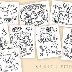 Peut inclure: Ensemble de huit illustrations en noir et blanc d'animaux de compagnie, dont une tortue, un poisson, un lapin, un perroquet, un chien, un chat et un panda. Chaque dessin est sur une feuille de papier rectangulaire blanche. Le texte "8.5 X 11" | LETTER" est en bas.