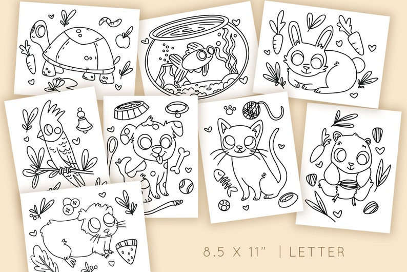 Peut inclure: Ensemble de huit illustrations en noir et blanc d'animaux de compagnie, dont une tortue, un poisson, un lapin, un perroquet, un chien, un chat et un panda. Chaque dessin est sur une feuille de papier rectangulaire blanche. Le texte "8.5 X 11" | LETTER" est en bas.