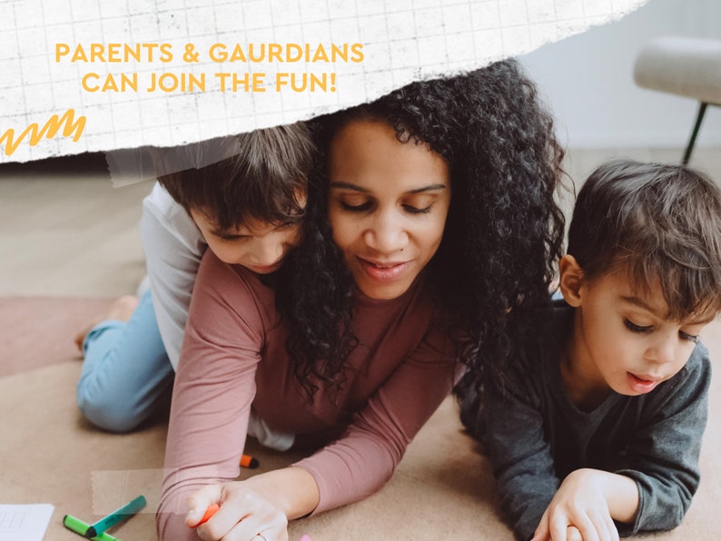 May include: A woman and two children are lying on the floor, coloring with markers. The woman is wearing a pink shirt and the children are wearing blue and grey shirts. The text "Parents & Gaurdians Can Join the Fun!" is visible in the top left corner of the image.