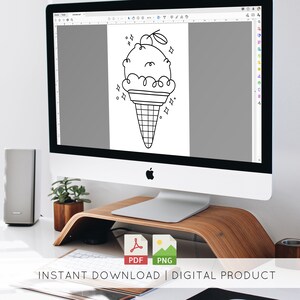 May include: A computer screen displays a black and white line drawing of an ice cream cone with a cherry on top. The words "INSTANT DOWNLOAD | DIGITAL PRODUCT" are below the screen, along with PDF and PNG icons.