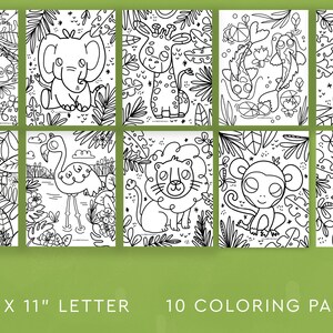 May include: Ten black and white coloring pages featuring various jungle animals, including a sloth, elephant, giraffe, and zebra. The pages are 8.5 x 11 inches in size, with each animal surrounded by leafy foliage.