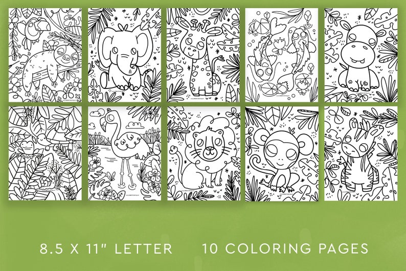 May include: Ten black and white coloring pages featuring various jungle animals, including a sloth, elephant, giraffe, and zebra. The pages are 8.5 x 11 inches in size, with each animal surrounded by leafy foliage.