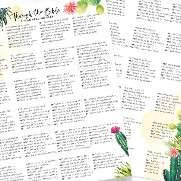 Cactus Bible One Year Reading Plan, Watercolor 8.5x11 Printable, Instant Download