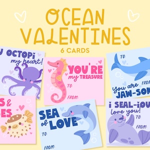 Ocean Animals Valentines Cards Printables, Classroom Cards, Valentine&#39;s Day