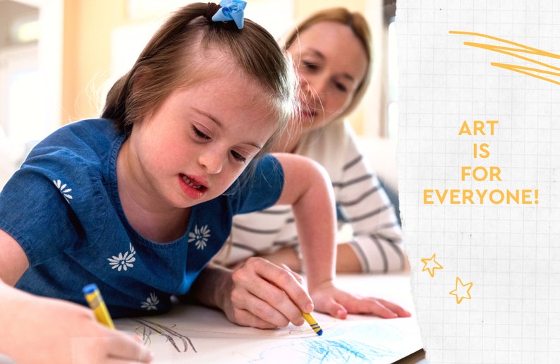 May include: A young girl in a blue denim dress with white floral accents is drawing with a yellow crayon. An adult is assisting. The image includes the text "ART IS FOR EVERYONE!" with yellow stars and lines.