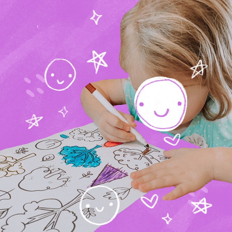 May include: A white sheet of paper featuring black line art of various trees and shapes, partially colored with markers. The paper is decorated with hand-drawn white doodles of smiley faces, stars, and hearts against a bright purple background.