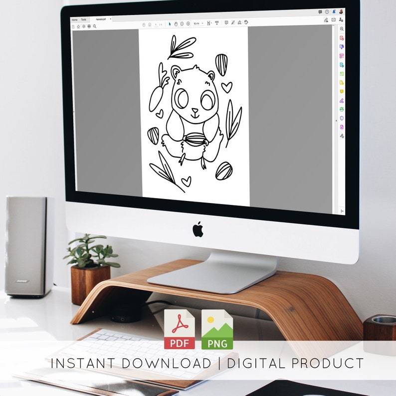 Peut inclure: Illustration num&eacute;rique en noir et blanc d'un panda tenant une tasse, entour&eacute; de carottes, de feuilles et de c&oelig;urs. L'image est affich&eacute;e sur un &eacute;cran d'ordinateur. Le texte "INSTANT DOWNLOAD | DIGITAL PRODUCT" est visible en dessous.