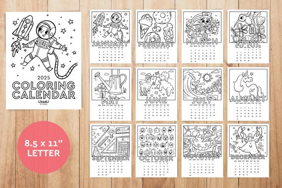 2025 Printable Coloring Calendar, 8.5x11, Instant Download
