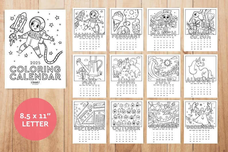 May include: A black and white printable coloring calendar for 2025 with a different illustration for each month. The calendar is 8.5 inches by 11 inches and is letter size.