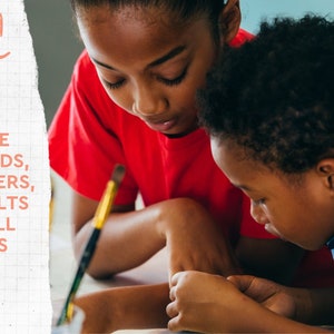 May include: Two children, one in a red shirt and the other in a blue shirt, are focused on a creative activity. A paintbrush is visible. Text on the left says "MADE FOR KIDS, TEACHERS, & ADULTS OF ALL AGES."