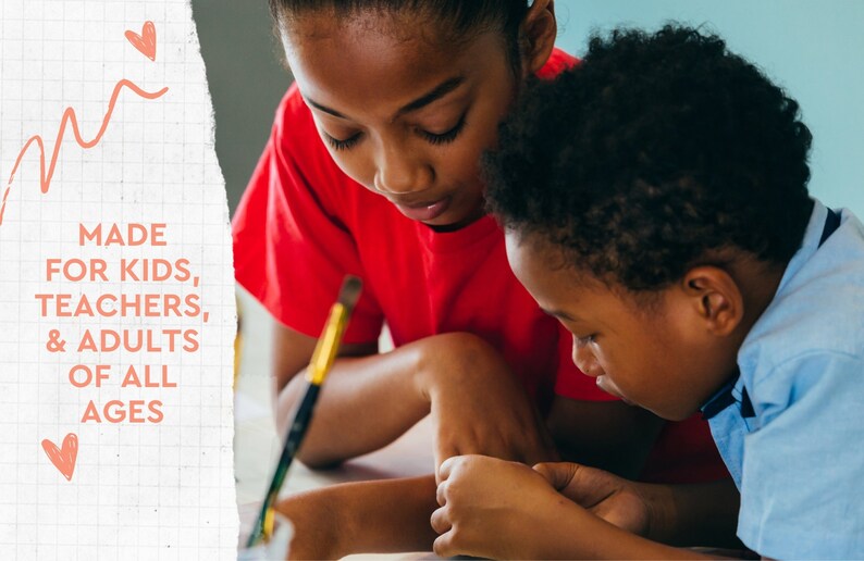 May include: Two children, one in a red shirt and the other in a blue shirt, are focused on a creative activity. A paintbrush is visible. Text on the left says "MADE FOR KIDS, TEACHERS, & ADULTS OF ALL AGES."