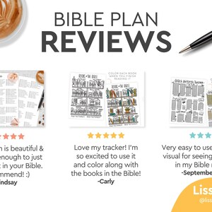 K&ouml;nnte beinhalten: Drei Bibel-Lesetracker mit F&uuml;nf-Sterne-Bewertungen. Der erste Tracker ist ein Schwarzwei&szlig;-Druck mit einem Blumenmuster. Der zweite Tracker ist ein Schwarzwei&szlig;-Druck mit einem B&uuml;cherregal-Design. Der dritte Tracker ist ein Schwarzwei&szlig;-Druck mit einem Gitterdesign. Der Text auf dem Bild lautet "Bible Plan Reviews".