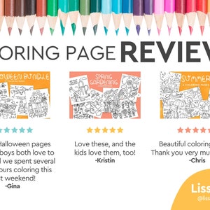 May include: Image features a colorful array of pencils above the text "COLORING PAGE REVIEWS." Below are three coloring page bundles: Halloween, Spring Gardening, and Summer, each with customer reviews and star ratings.