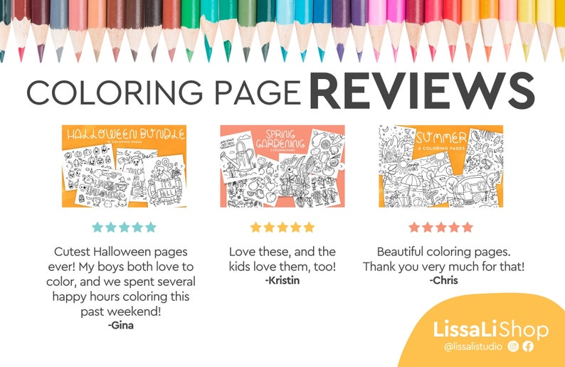 May include: Image features a colorful array of pencils above the text "COLORING PAGE REVIEWS." Below are three coloring page bundles: Halloween, Spring Gardening, and Summer, each with customer reviews and star ratings.