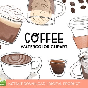 Coffee Watercolor Clipart Pack, Instant Download