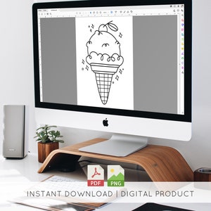 May include: A computer screen displays a black and white line drawing of an ice cream cone with a cherry on top. The words "INSTANT DOWNLOAD | DIGITAL PRODUCT" are below the screen. PDF and PNG file icons are also visible.