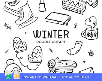 Pakiet clipartów Winter Hygge Doodle, do natychmiastowego pobrania