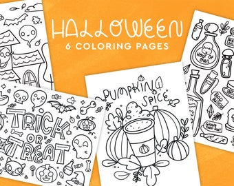 May include: A collection of six Halloween-themed coloring pages. The pages feature various spooky illustrations, including ghosts, pumpkins, bats, and the text "Trick or Treat" and "Pumpkin Spice". The title "Halloween" is displayed in a playful font.