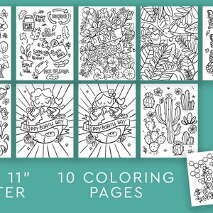May include: Ten black and white coloring pages featuring nature-themed illustrations. The pages include images of trees, butterflies, cacti, a whale, and a girl hugging the Earth. The text "Save the Bees" is included on one of the pages.