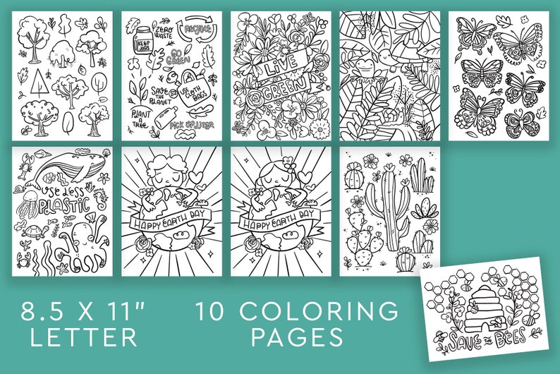May include: Ten black and white coloring pages featuring nature-themed illustrations. The pages include images of trees, butterflies, cacti, a whale, and a girl hugging the Earth. The text "Save the Bees" is included on one of the pages.
