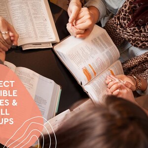 May include: Four people are gathered around a table, holding hands and reading from open Bibles. The text "PERFECT FOR BIBLE STUDIES & SMALL GROUPS" is superimposed on the image.